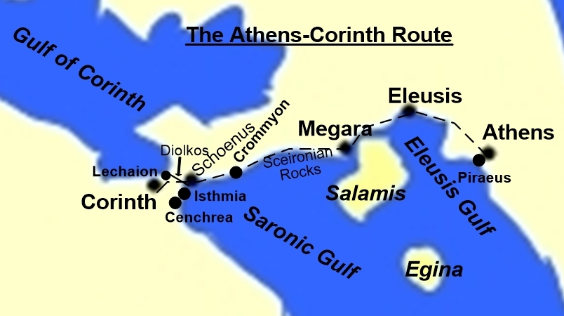 Map of St. Paul's journey from Athens to Corinth in the year 50